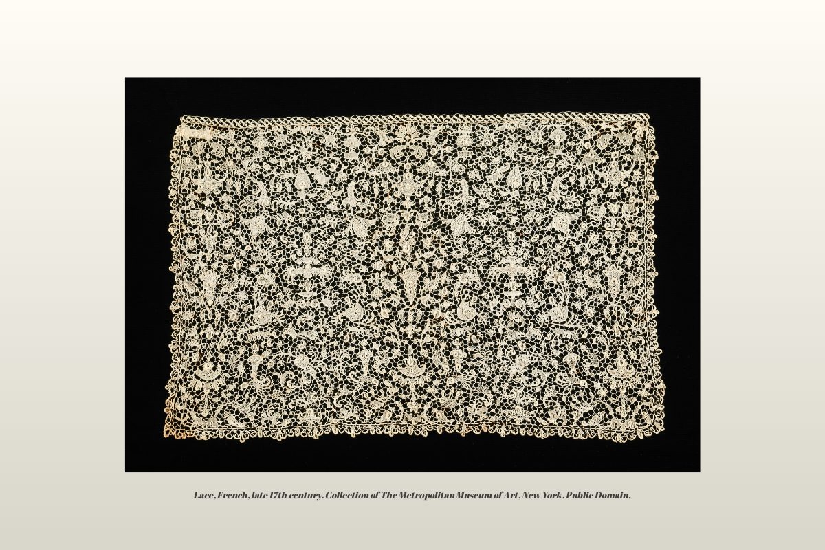 17th-century French lace panel, intricate needle lace from The Met Museum collection, representing European lace history and heritage.
