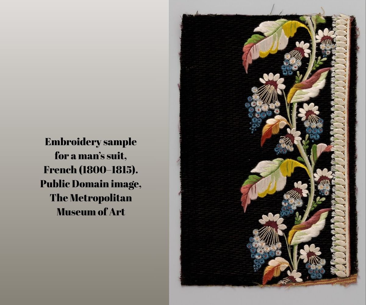 French embroidery sample for a man’s suit (1800–1815), floral silk design, public domain image from The Metropolitan Museum of Art.